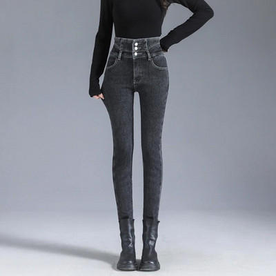 Kõrge vöökohaga sametteksad naiste talve uus fliis vabaaja sinine suitsuhall õhuke veniv paksenenud pliiats pliiats teksapüksid