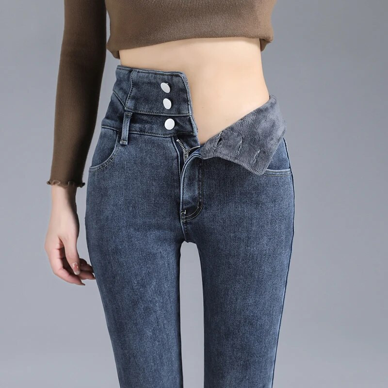 Kõrge vöökohaga sametteksad naiste talve uus fliis vabaaja sinine suitsuhall õhuke veniv paksenenud pliiats pliiats teksapüksid