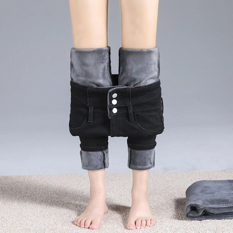 Kõrge vöökohaga sametteksad naiste talve uus fliis vabaaja sinine suitsuhall õhuke veniv paksenenud pliiats pliiats teksapüksid