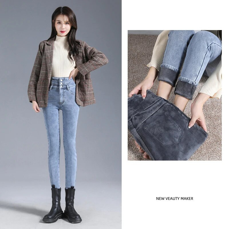 Kõrge vöökohaga sametteksad naiste talve uus fliis vabaaja sinine suitsuhall õhuke veniv paksenenud pliiats pliiats teksapüksid