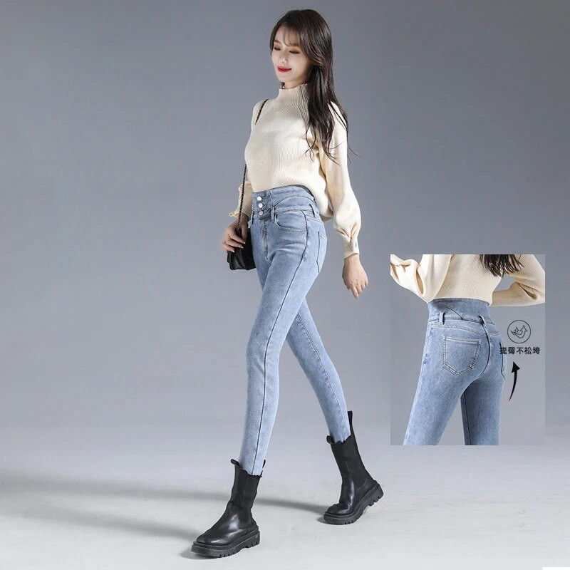 Kõrge vöökohaga sametteksad naiste talve uus fliis vabaaja sinine suitsuhall õhuke veniv paksenenud pliiats pliiats teksapüksid