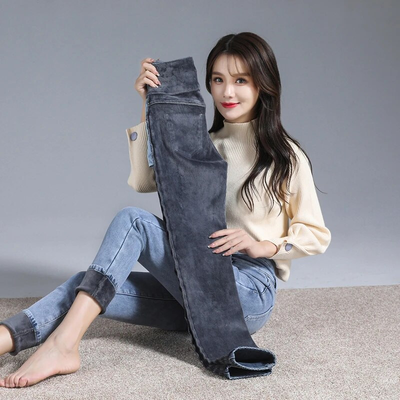 Kõrge vöökohaga sametteksad naiste talve uus fliis vabaaja sinine suitsuhall õhuke veniv paksenenud pliiats pliiats teksapüksid