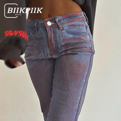 BIIKPIIK Blugi drepti imprimați pentru femei Pantaloni largi de denim casual, stil de stradă, fund de toamnă, îmbrăcăminte pentru femei, îmbrăcăminte la modă