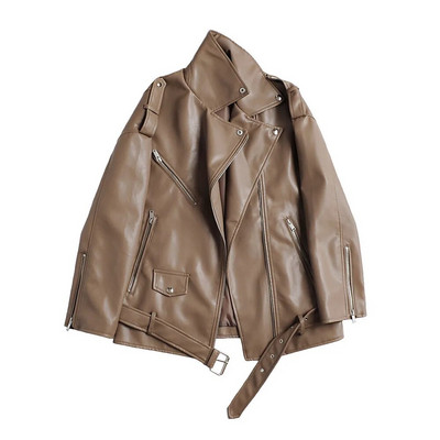 T MODA pavasario rudens dirbtinės odos striukės, moteriškos laisvalaikio paltai Moteriški, nuleidžiami pečiai Motociklai Lokomotyvai Viršutiniai drabužiai su diržu