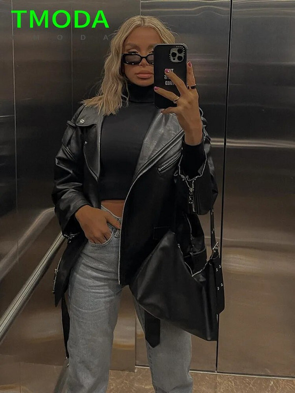 T MODA pavasario rudens dirbtinės odos striukės, moteriškos laisvalaikio paltai Moteriški, nuleidžiami pečiai Motociklai Lokomotyvai Viršutiniai drabužiai su diržu