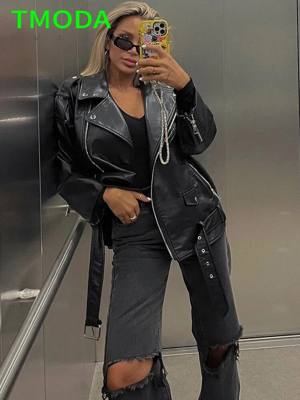 T MODA pavasario rudens dirbtinės odos striukės, moteriškos laisvalaikio paltai Moteriški, nuleidžiami pečiai Motociklai Lokomotyvai Viršutiniai drabužiai su diržu