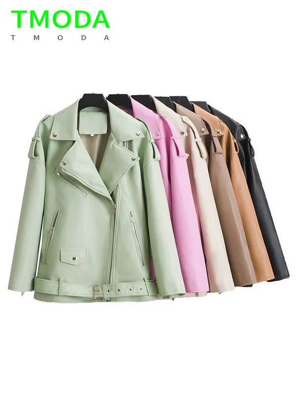T MODA pavasario rudens dirbtinės odos striukės, moteriškos laisvalaikio paltai Moteriški, nuleidžiami pečiai Motociklai Lokomotyvai Viršutiniai drabužiai su diržu