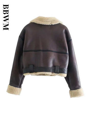 TARF Дамско модно дебело топло палто от изкуствена овча овча реколта Винтидж с колан с дълъг ръкав Подгъв Дамско връхно облекло Шикозни топове