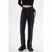 Naiste teksad kõrge vöökohaga šikk disain must mood tänavarõivad sirged püksid kottis Basic vintage naiste laia säärega teksapüksid