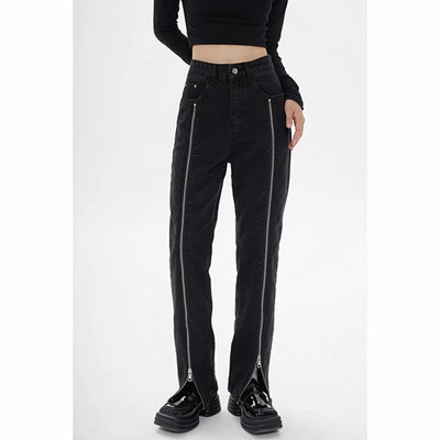 Naiste teksad kõrge vöökohaga šikk disain must mood tänavarõivad sirged püksid kottis Basic vintage naiste laia säärega teksapüksid