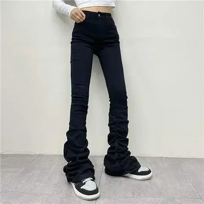 „High Wait“ sukrautos džinsų kelnės, moteriškos, 2022 m. pavasaris, vasara, siauros, elastingos mėlynos kelnės, apatinės kelnės, platėjančios gatvės drabužiai