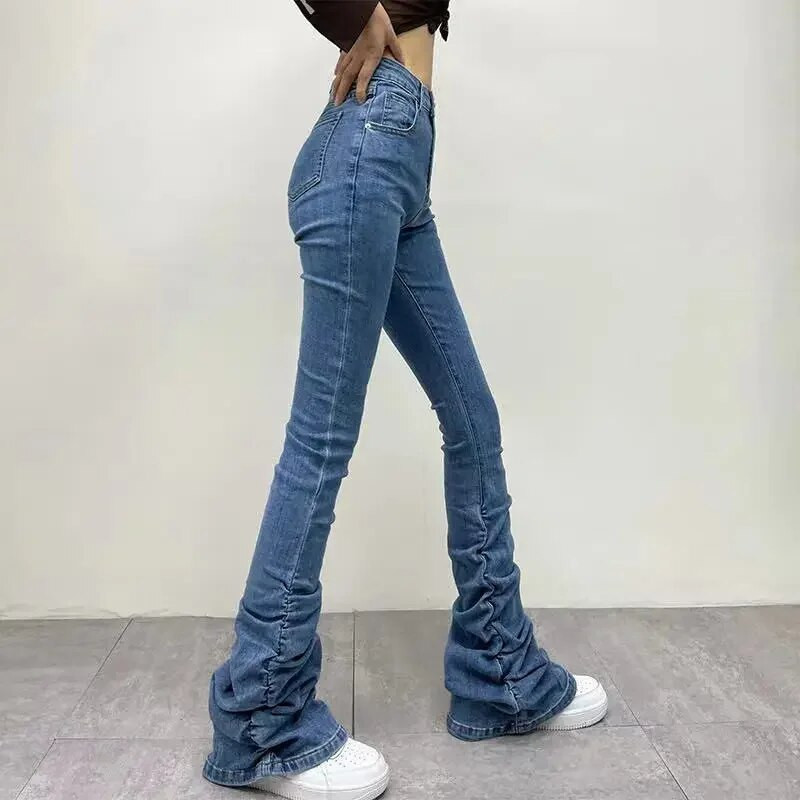„High Wait“ sukrautos džinsų kelnės, moteriškos, 2022 m. pavasaris, vasara, siauros, elastingos mėlynos kelnės, apatinės kelnės, platėjančios gatvės drabužiai
