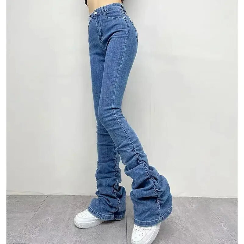 „High Wait“ sukrautos džinsų kelnės, moteriškos, 2022 m. pavasaris, vasara, siauros, elastingos mėlynos kelnės, apatinės kelnės, platėjančios gatvės drabužiai