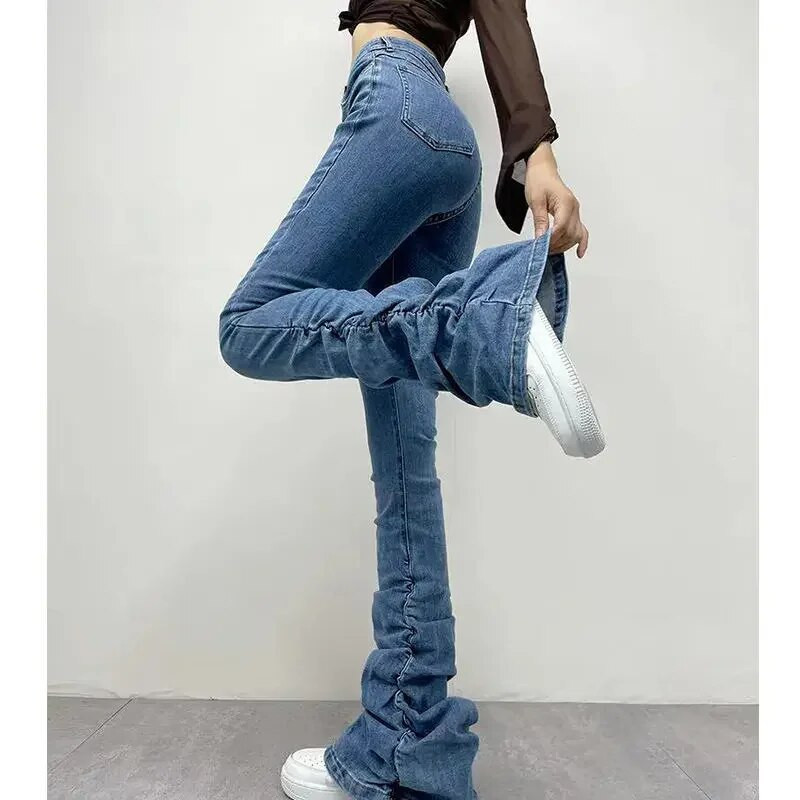 „High Wait“ sukrautos džinsų kelnės, moteriškos, 2022 m. pavasaris, vasara, siauros, elastingos mėlynos kelnės, apatinės kelnės, platėjančios gatvės drabužiai