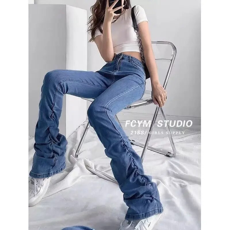 „High Wait“ sukrautos džinsų kelnės, moteriškos, 2022 m. pavasaris, vasara, siauros, elastingos mėlynos kelnės, apatinės kelnės, platėjančios gatvės drabužiai
