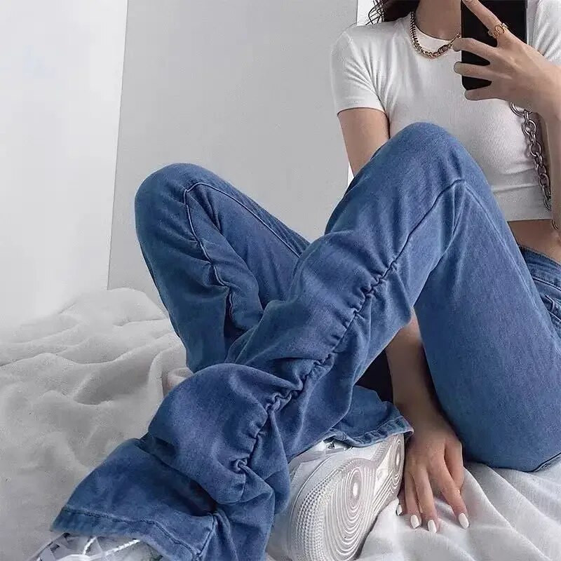 „High Wait“ sukrautos džinsų kelnės, moteriškos, 2022 m. pavasaris, vasara, siauros, elastingos mėlynos kelnės, apatinės kelnės, platėjančios gatvės drabužiai
