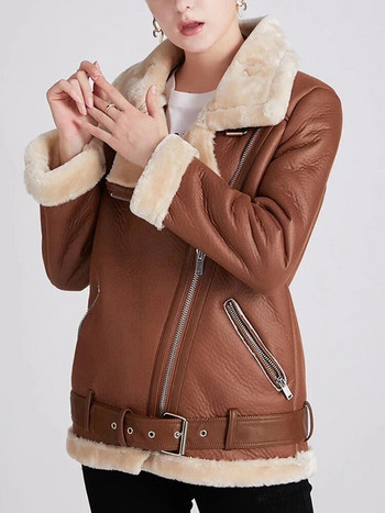 Ailegogo 2023 Зимни палта Дамско палто от овча кожа от дебела изкуствена кожа Дамско кожено яке с косъм Авиатор Горно облекло Casaco Feminino