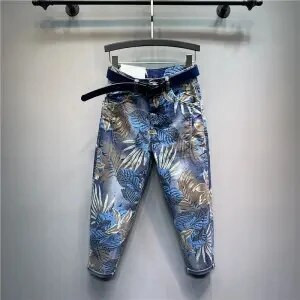 Euroopa 2023. aasta kevad uus vahtralehtede trükkimine, värvimine kärbitud teksad Naiste mood tänavarõivad kõrge vöökohaga lahtised haaremi teksapüksid