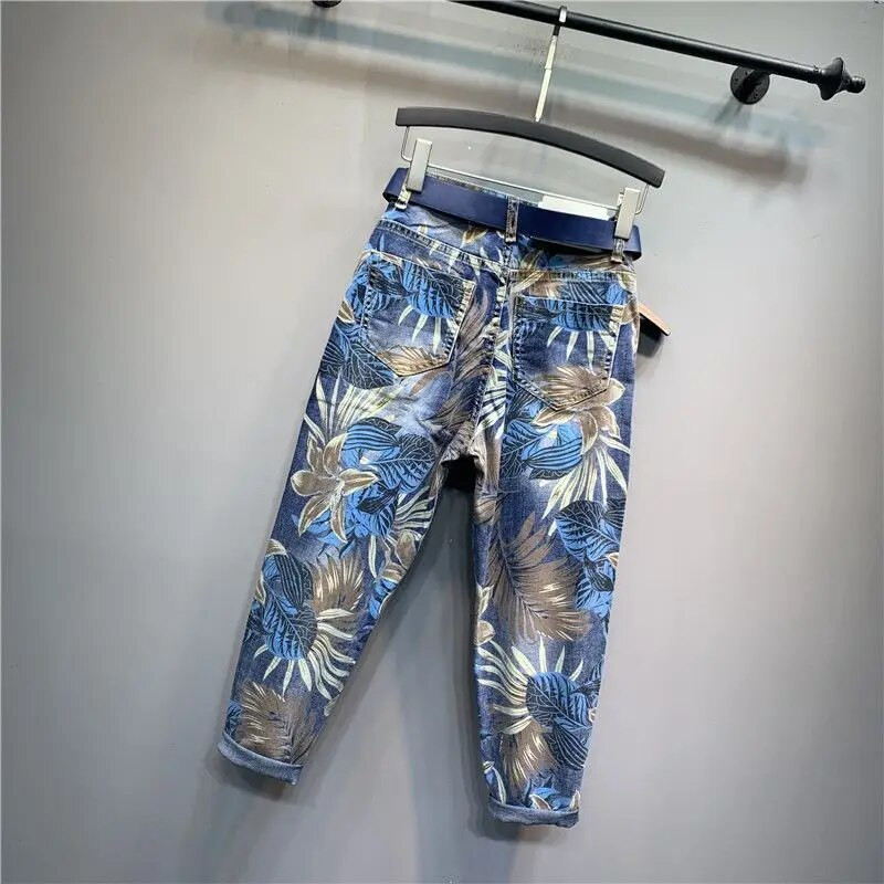 Euroopa 2023. aasta kevad uus vahtralehtede trükkimine, värvimine kärbitud teksad Naiste mood tänavarõivad kõrge vöökohaga lahtised haaremi teksapüksid