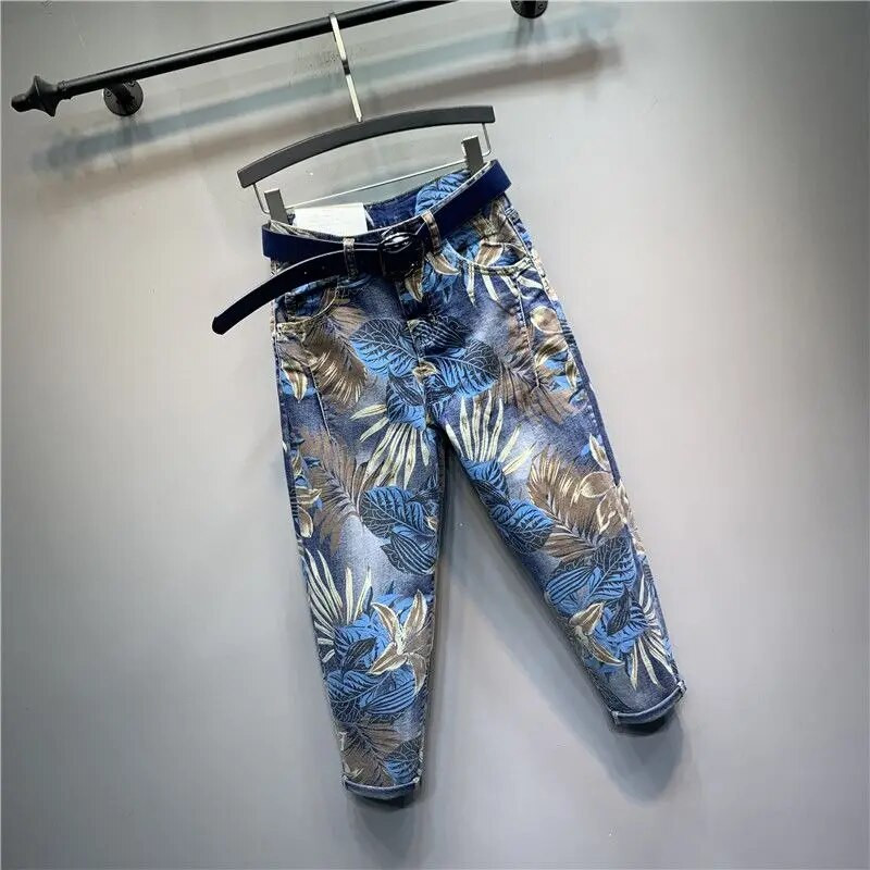 Euroopa 2023. aasta kevad uus vahtralehtede trükkimine, värvimine kärbitud teksad Naiste mood tänavarõivad kõrge vöökohaga lahtised haaremi teksapüksid