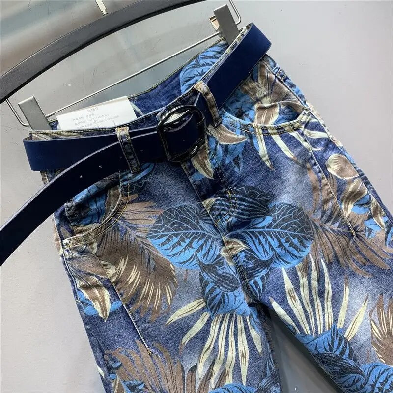 Euroopa 2023. aasta kevad uus vahtralehtede trükkimine, värvimine kärbitud teksad Naiste mood tänavarõivad kõrge vöökohaga lahtised haaremi teksapüksid