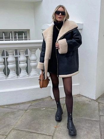 Μαύρο γυναικείο μπουφάν μπουφάν με γούνα φθινοπωρινό χειμώνα Γυναικείο ζεστό ψεύτικο μαλλί με φερμουάρ παλτό με φερμουάρ casual μακρύ μανίκι