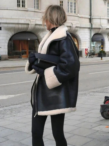 Μαύρο γυναικείο μπουφάν μπουφάν με γούνα φθινοπωρινό χειμώνα Γυναικείο ζεστό ψεύτικο μαλλί με φερμουάρ παλτό με φερμουάρ casual μακρύ μανίκι