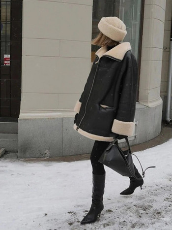 Черно дамско бомбър яке с космена подплата Есен Зима Дамско топло палто с цип и ревери от изкуствена вълна Ежедневно горно облекло с дълъг ръкав