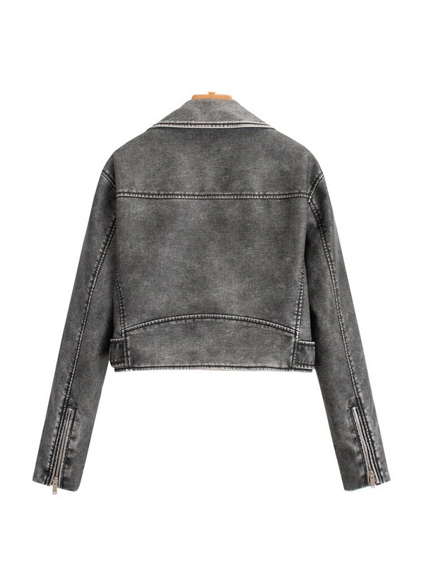 „Ailegogo Vintage“ moteriškas laisvas „Pu“ dirbtinės odos trumpas striukė su diržu Streetwear Moteriškas motociklininkas, užtrauktukas, atvartas.