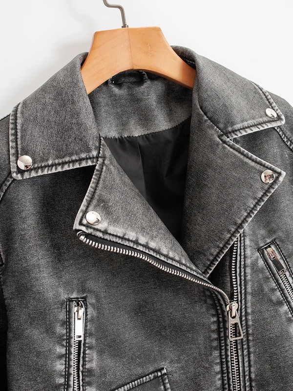 „Ailegogo Vintage“ moteriškas laisvas „Pu“ dirbtinės odos trumpas striukė su diržu Streetwear Moteriškas motociklininkas, užtrauktukas, atvartas.