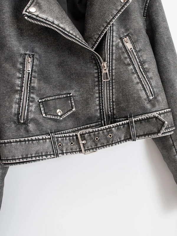 „Ailegogo Vintage“ moteriškas laisvas „Pu“ dirbtinės odos trumpas striukė su diržu Streetwear Moteriškas motociklininkas, užtrauktukas, atvartas.