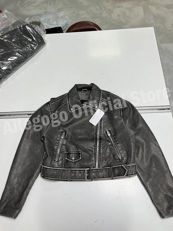 „Ailegogo Vintage“ moteriškas laisvas „Pu“ dirbtinės odos trumpas striukė su diržu Streetwear Moteriškas motociklininkas, užtrauktukas, atvartas.