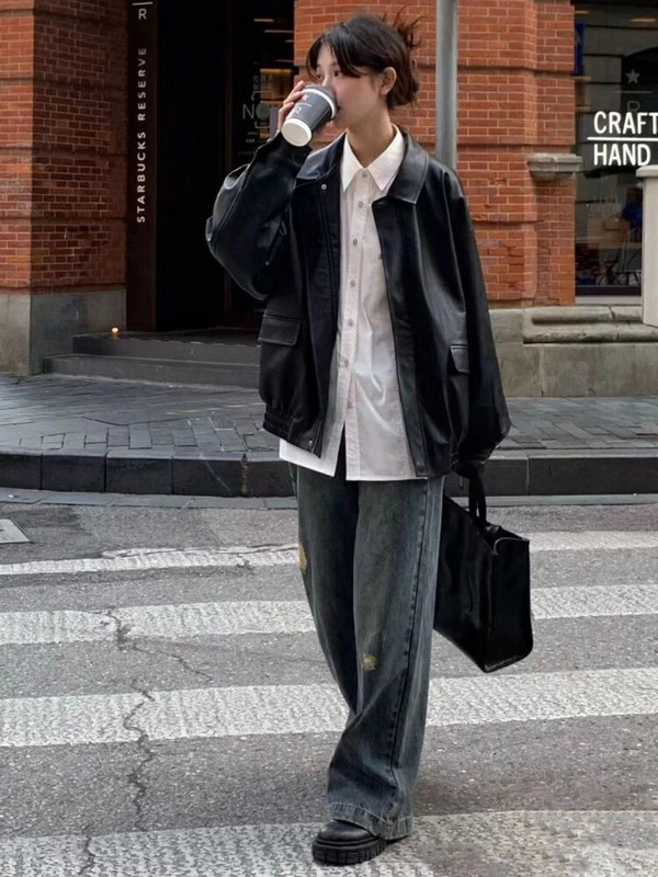 Vintage PU-nahkjakk Naiste High Street Techwear Suured Moto Biker mantlid BF Punk lahtised vabaaja kärbitud Bomberi ülerõivad