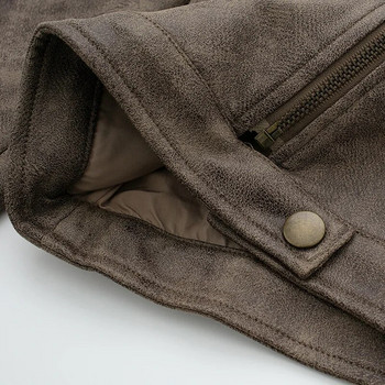 Бомбер яке от изкуствена велурена кожа Винтидж кафяво палто Шикозно късо облекло с цип Дамско улично облекло