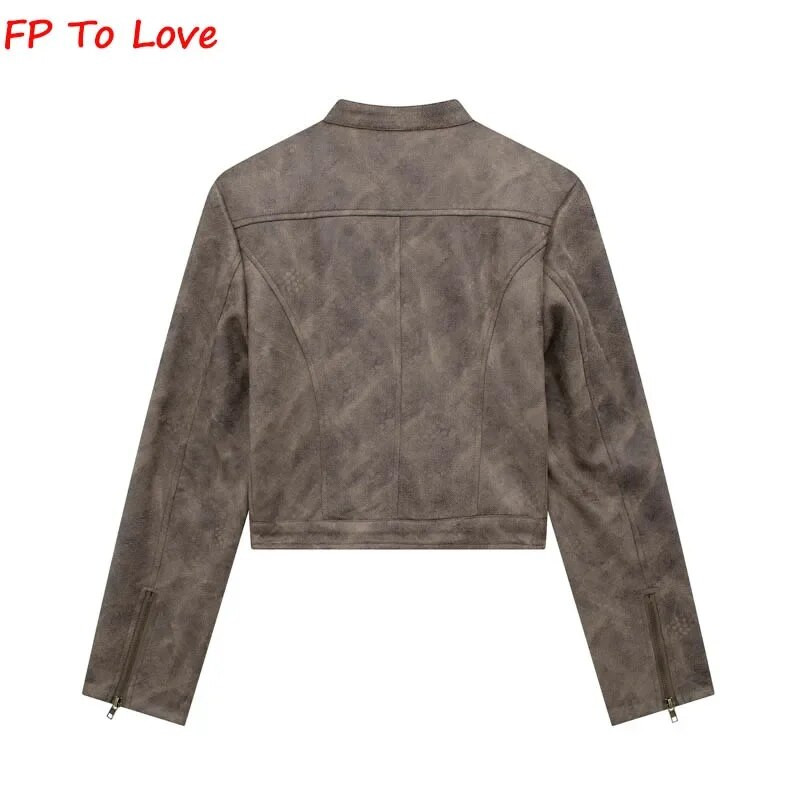 Kunstnahast Bomberjakk Vintage pruun mantel Šikk lukuga lühike riietus, naise tänavariided