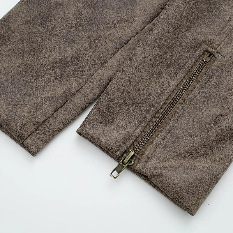 Kunstnahast Bomberjakk Vintage pruun mantel Šikk lukuga lühike riietus, naise tänavariided