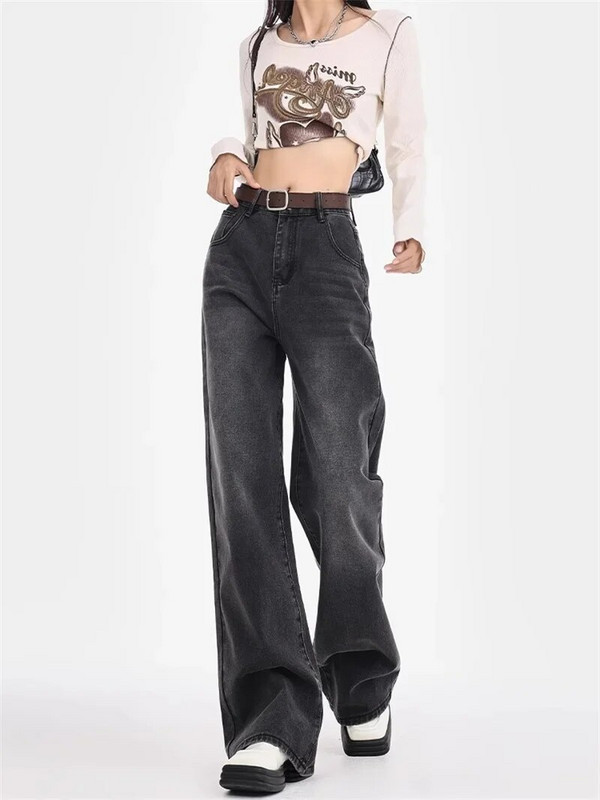 2023. aasta sügistalv, uued sirged teksad, naiste Ameerika High Street kottis püksid naistele, mustad hallid naiste kõrge vöökohaga püksid