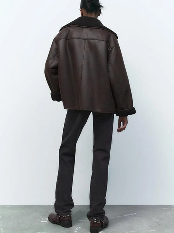 FTLZZ Νέο φθινοπωρινό χειμωνιάτικο μπουφάν μοτοσικλέτας Γυναικεία ρούχα δρόμου Μονό στήθος από ψεύτικο αρνί δερμάτινο παλτό Φαρδύ χοντρό ψεύτικο σουέτ