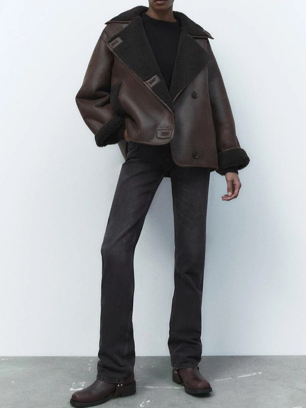 FTLZZ uus sügistalvine mootorratta jope Naiste tänavarõivad, üherealine kunstlammaste nahkmantel lahtine paks võltsseemisnahast välisrõivad