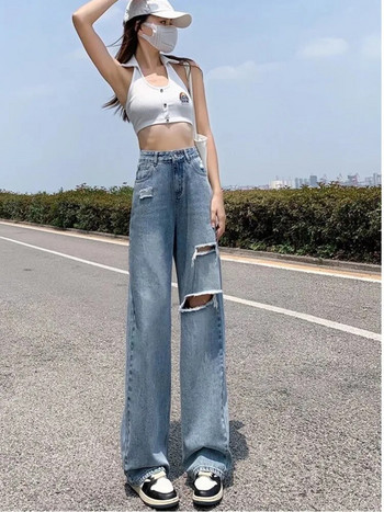 FFeynzz Ripped Jeans Γυναικείο καλοκαιρινό λεπτό παντελόνι 2022 Νέο ίσιο φαρδύ παντελόνι με ψηλόμεσο λεπτό φαρδύ πόδι