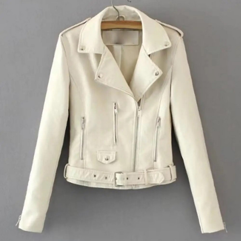 Korea versioon, õhukese liibumisega mootorratta PU-jakk naiste moe jaoks Mitmekülgne nahast pikkade varrukatega revääriga tõmblukuga nööbitasku