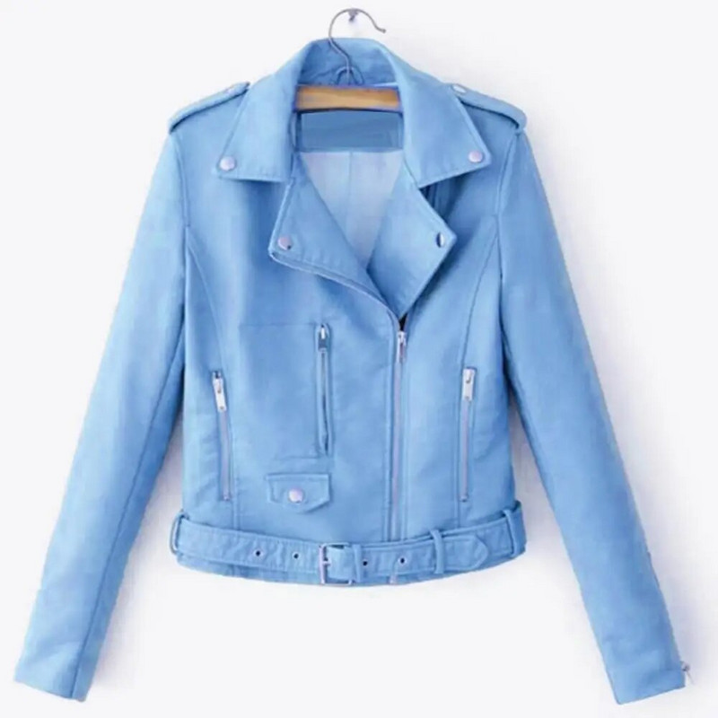 Korea versioon, õhukese liibumisega mootorratta PU-jakk naiste moe jaoks Mitmekülgne nahast pikkade varrukatega revääriga tõmblukuga nööbitasku