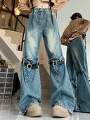 2023 m. Nauji moteriški vintažiniai mėlyni gotikiniai džinsai Y2k plačiomis džinsinėmis kelnėmis 2000 m. punkiški džinsai aukštu juosmeniu korėjietiškos 90 m. negabaritinės kelnės