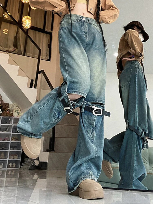 2023 m. Nauji moteriški vintažiniai mėlyni gotikiniai džinsai Y2k plačiomis džinsinėmis kelnėmis 2000 m. punkiški džinsai aukštu juosmeniu korėjietiškos 90 m. negabaritinės kelnės