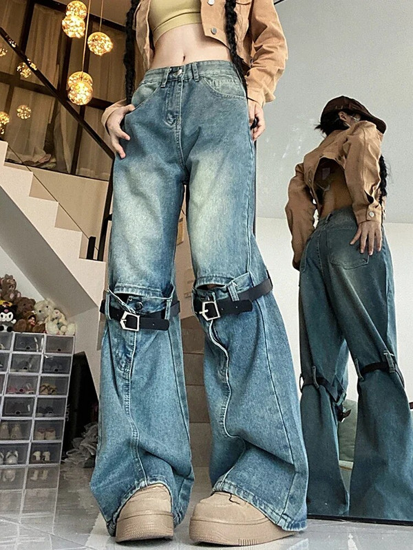 2023 m. Nauji moteriški vintažiniai mėlyni gotikiniai džinsai Y2k plačiomis džinsinėmis kelnėmis 2000 m. punkiški džinsai aukštu juosmeniu korėjietiškos 90 m. negabaritinės kelnės