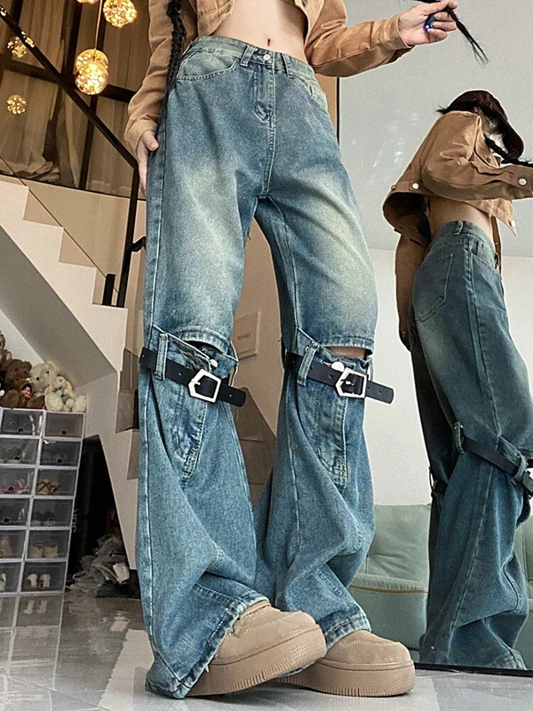 2023 m. Nauji moteriški vintažiniai mėlyni gotikiniai džinsai Y2k plačiomis džinsinėmis kelnėmis 2000 m. punkiški džinsai aukštu juosmeniu korėjietiškos 90 m. negabaritinės kelnės