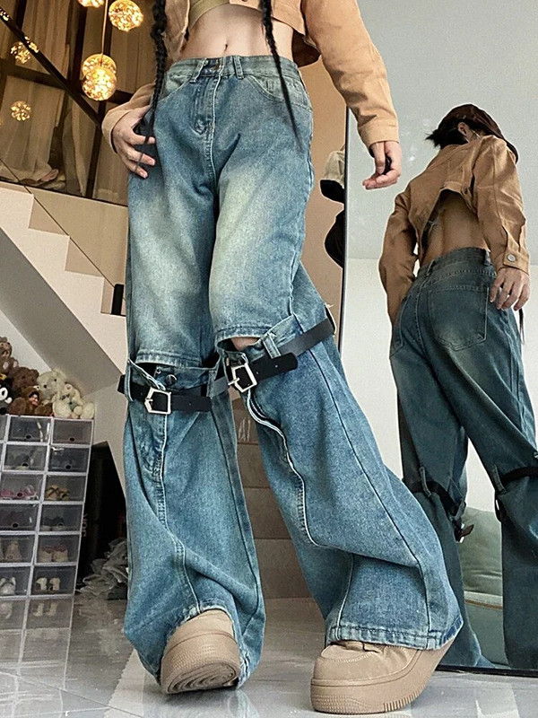 2023 m. Nauji moteriški vintažiniai mėlyni gotikiniai džinsai Y2k plačiomis džinsinėmis kelnėmis 2000 m. punkiški džinsai aukštu juosmeniu korėjietiškos 90 m. negabaritinės kelnės