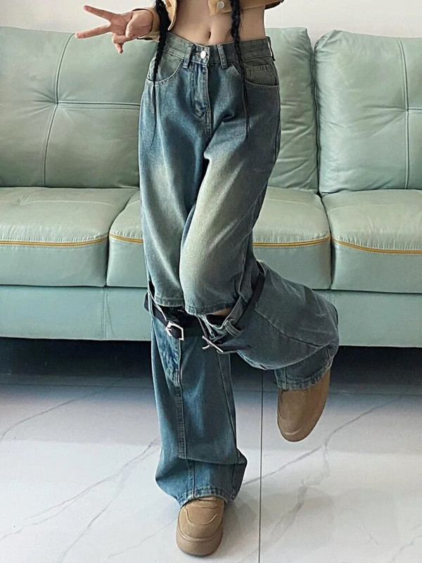 2023 m. Nauji moteriški vintažiniai mėlyni gotikiniai džinsai Y2k plačiomis džinsinėmis kelnėmis 2000 m. punkiški džinsai aukštu juosmeniu korėjietiškos 90 m. negabaritinės kelnės