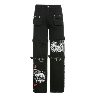 2022 noi de femei goth punk blugi cu talie înaltă Harajuku cu cataramă metalică Hip Hop imprimeu pantaloni cargo largi pantaloni largi din denim