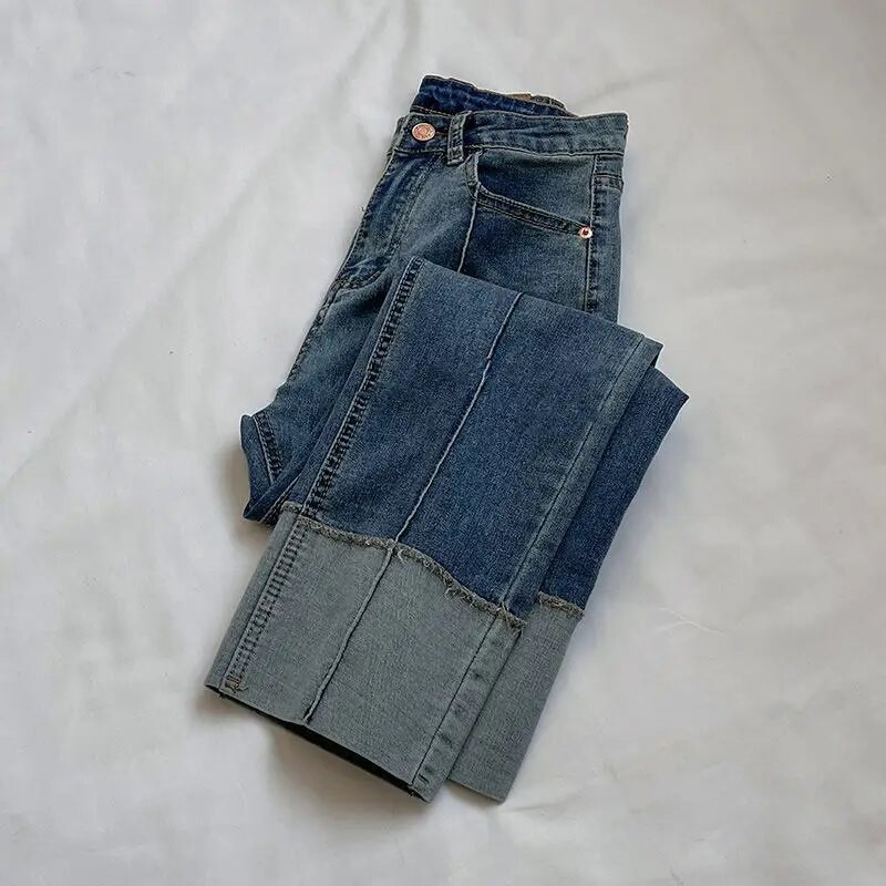 Mood Patchwork Naiste teksad Kõrge vöökohaga sirge pahkluuni ulatuvad püksid vabaaja kõiksobivad elastsed puuvillased teksapüksid